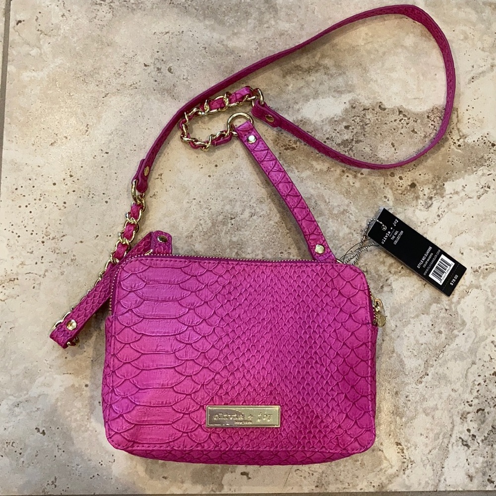 Crossbody bag gold chain faux alligator skin pink
